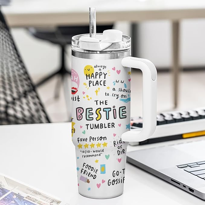 Gossby Bestie Gift for Women - 30oz THE BESTIE TUMBLER - Friend Tumbler for Women - Christmas, Birthday, Friendship Gifts - Funny Best Friend Gift - Stainless Steel Insulated Travel Mug with Handle