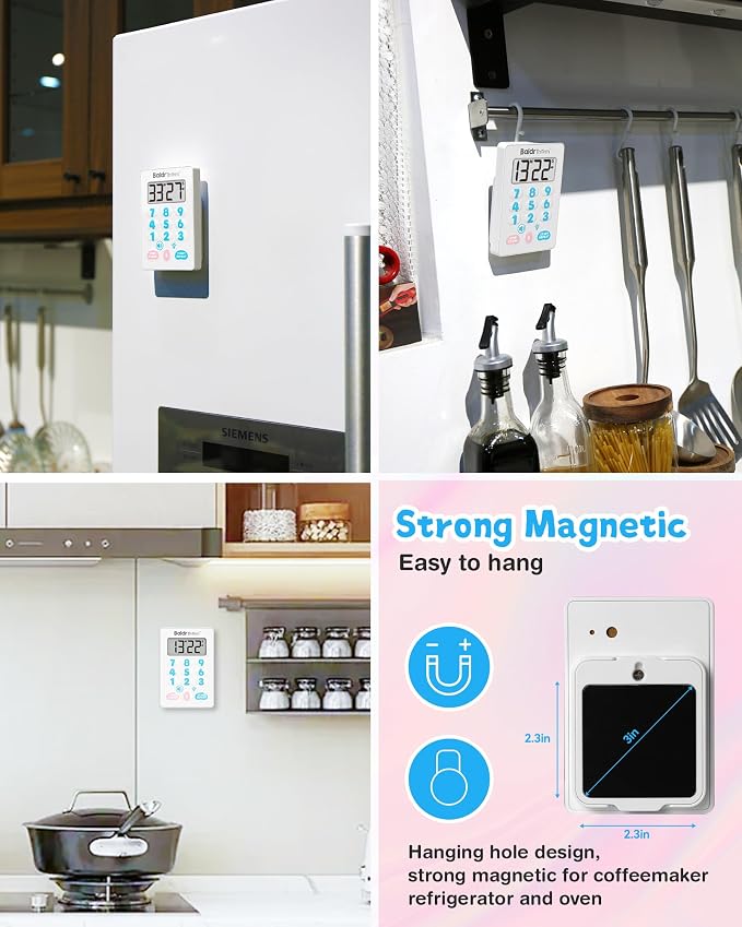Digital Kitchen Timer Waterproof, Strong Magnetic Cooking Timer with 3 Adjustable Volume Levels & Silent Flashing Light, Countdown Timer for Cooking, Baking Shower, Classroom, Cute