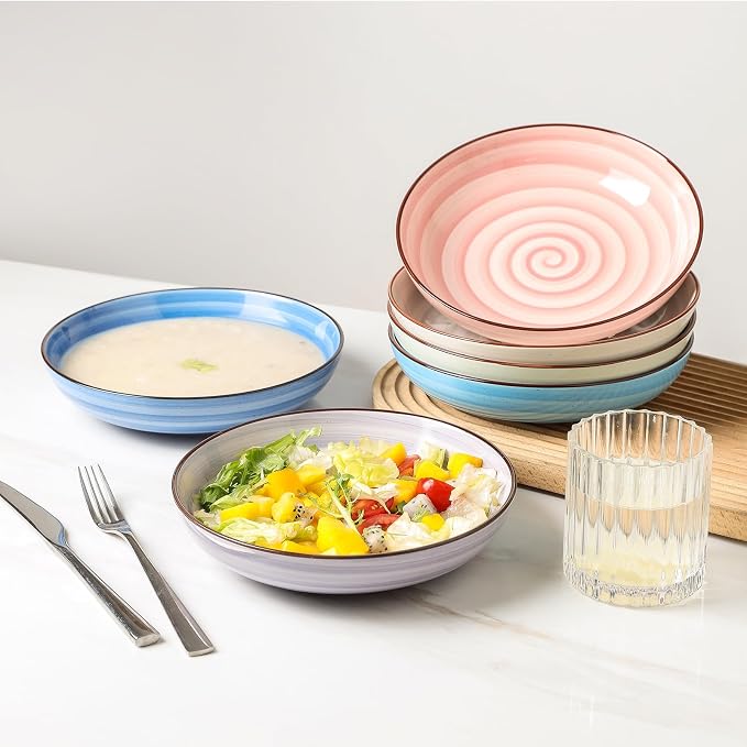 KitchenTour Large Ceramic Pasta Bowls, 34 oz Salad Serving Bowls, Set of 6 | Wide and Shallow Dinner Plate Bowls for Soup, 8.6 Inch, Dishwasher and Microwave Safe, Pastel Swirl