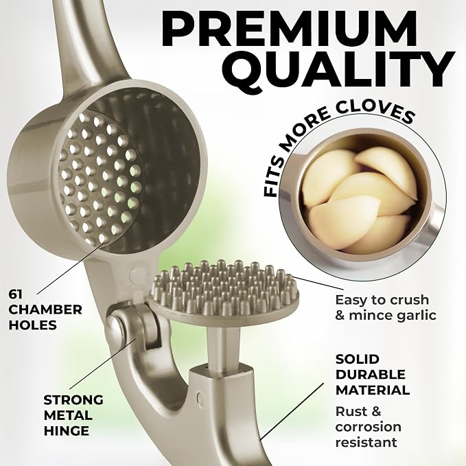 Zulay Kitchen Large Premium Garlic Press Set - Bigger Bowl for Bigger Garlic - Rust Proof Garlic Mincer Tool - Easy-Squeeze, Easy-Clean Silicone Garlic Peeler & Brush (Silver)