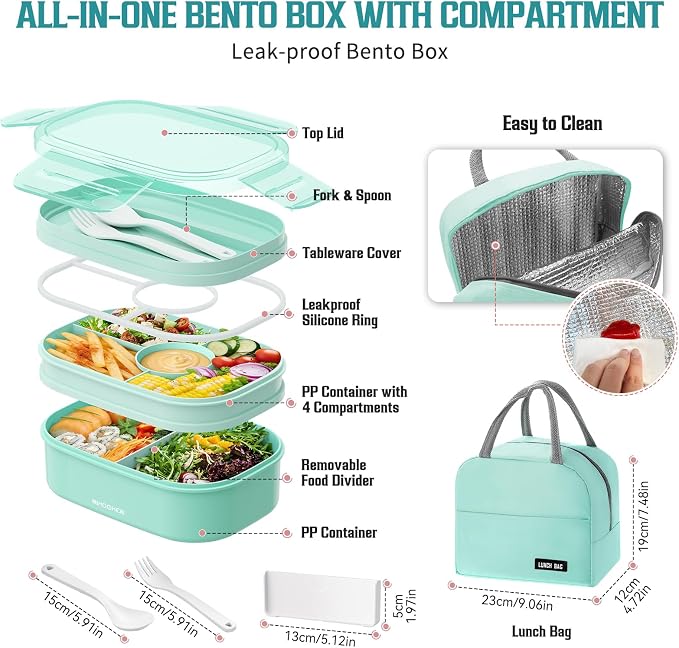RIKDOKEN Bento Lunch Box, Stackable 2 Layers Containers with Compartments, Portable 64OZ Large Capacity Leakproof Bento Box with Spoon & Fork & Lunch Bag, Microwave Safe Lunch Box for Kids and Adults