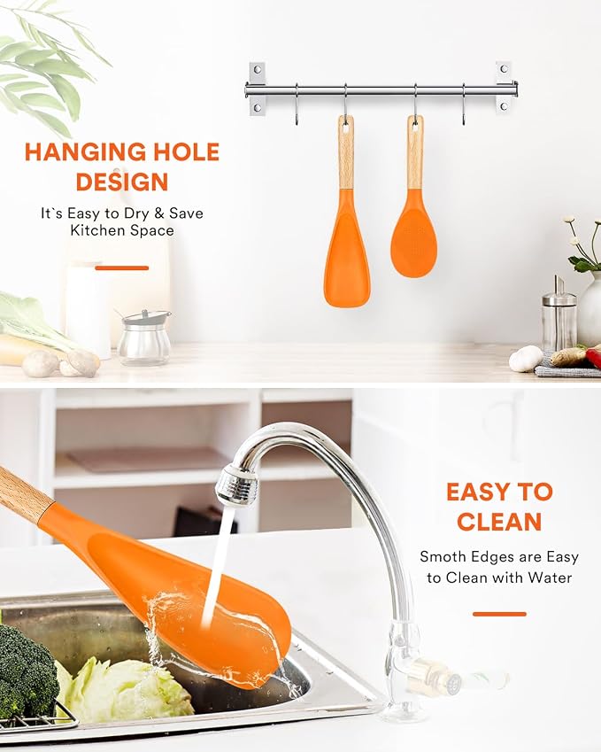 Cooking Spoon and Rice Scooper for Nonstick Cookware,Multi-function | Great for Cooking and Serving, Sturdy BPA-Free Matte Silicone, Wood Handle Spoon for Mixing, Scoop, and Scrape,9.3"+14.3"
