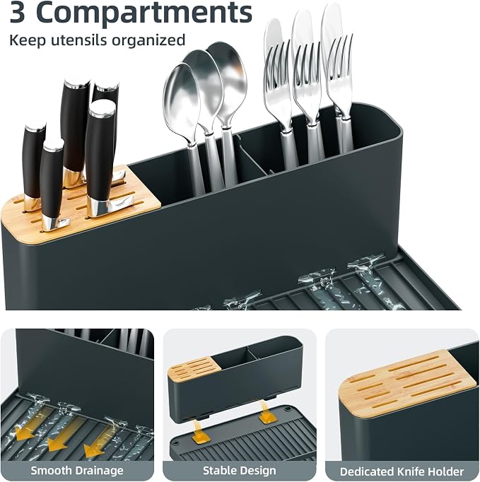 Urackify Extendable Dish Rack, 18.5"-26.7" L x 12.7" W, Dark Slate Gray | Multifunctional large dish rack with cup holder and built-in cutlery holder for versatile drying needs
