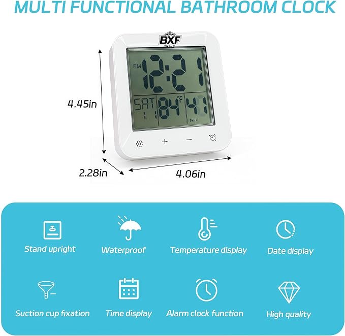 Digital Shower Clock Waterproof,Bathroom Extra Large LCD Screen Wall Clock Timer,Countdown,Moisture Proof,Anti Splash,Display Temperature,Time,Date and Week,Suction Cup,Hanging,Hole Stand