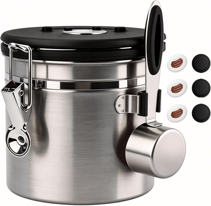 ShanSon Coffee Canister Airtight, Stainless Steel Bean Storage Container with Date Tracker & Scoop, Grounds Sugar Flour Tea Cereal Fits Kitchen Pantry, Ideal Gift for Coffee Lovers,12oz,Silver