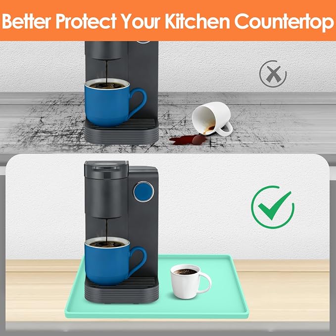 Silicone Coffee Maker Mat with Lip for Countertops 15.7''x11.8'' Mint Green | Multi leak-proof coffee tray for countertop, non-slip silicone mat fits most coffee makers & espresso machines, wipe-clean