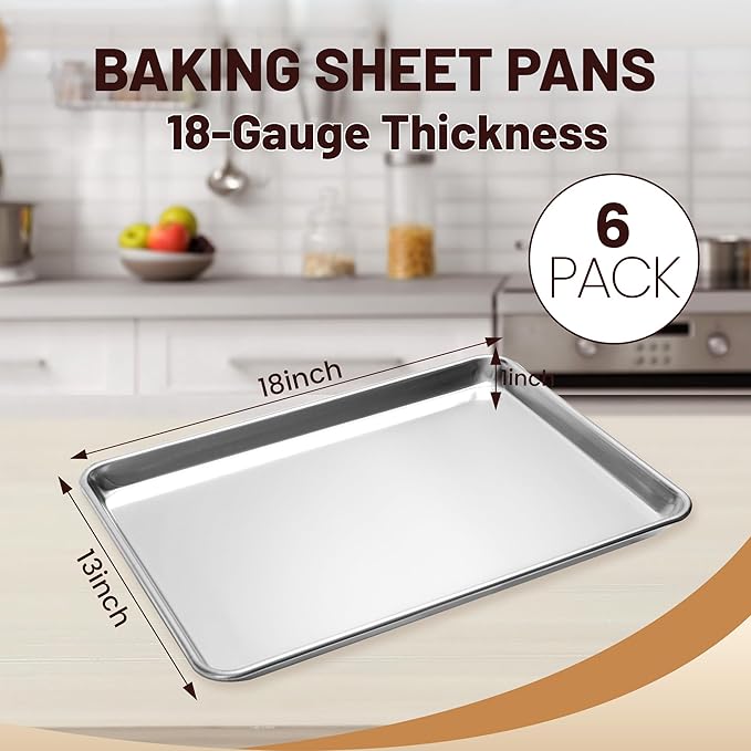 BIEAMA 6 Pack Half Size Baking Sheet Pan, Aluminum Commercial Pan 18" x 13" | Heavy Duty Baking Pan for Oven Freezer Bakery Hotel Restaurant