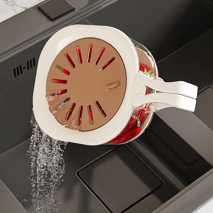 Fruit Vegetable Washing Bowl with Strainer, Multifunctional Produce Washer, Berry Container, Lettuce Keeper for Fridge Refrigerator Organization, Portable Strainers and Colander for Kitchen (Brown)