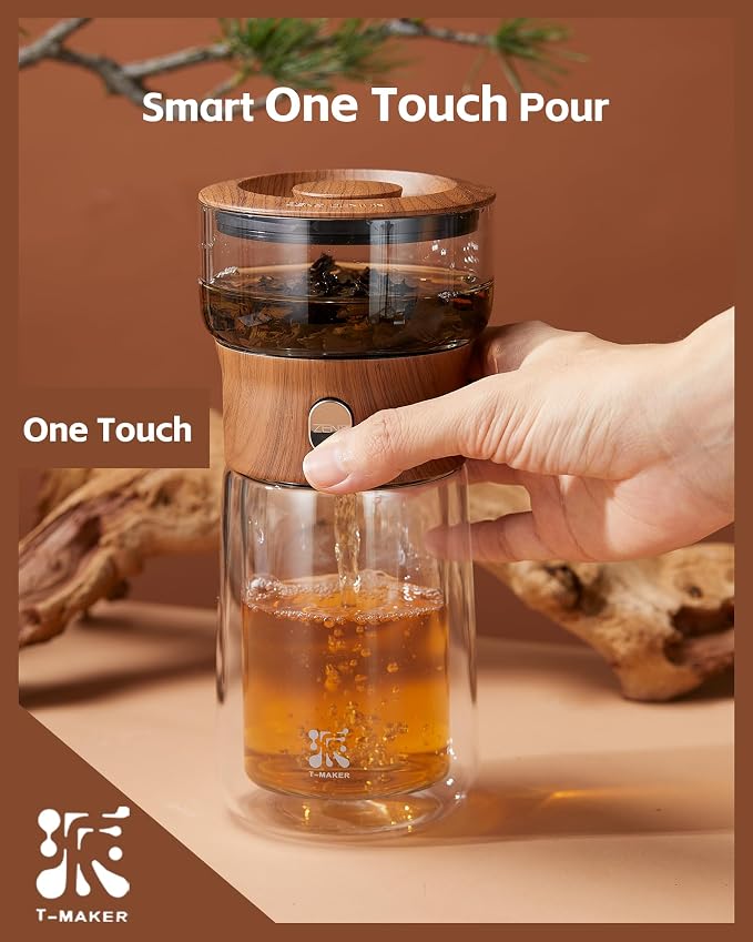 ZENS Glass Infuser Teapot, One Touch Tea Maker for Loose Leaf Tea, Walnut | Modern Tea Diffusers, Magic Tea Pot with 9oz Insulated Mug and Portable Bag for Tea Lovers Gifts