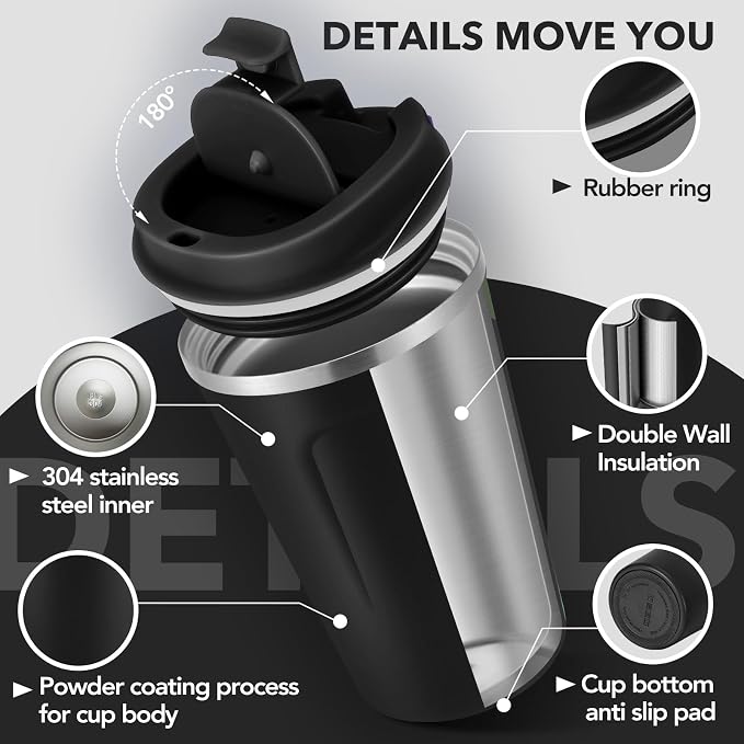 Volhoply 12 oz Double Wall Insulated Vacuum Travel Coffee Mug with Flip Lid Bulk 4 Pack,Reusable Stainless Steel Leak Proof Coffee Cups,Portable Cafe Thermal Tumbler for Hot & Cold Drinks(Black,4 Set)