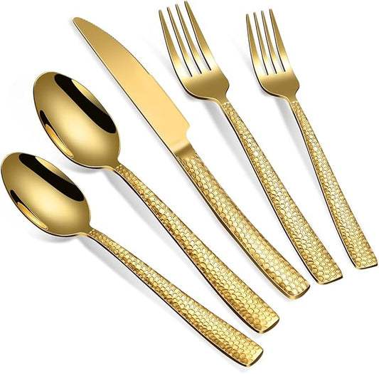 Remoxye 40-Piece Silverware Set, Gold Hammered Stainless Steel Flatware Sets for 8, Food-Grade Tableware Set, Including Fork Knife Spoon Set, Durable Home Kitchen Cutlery Sets, Dishwasher Safe, RX357