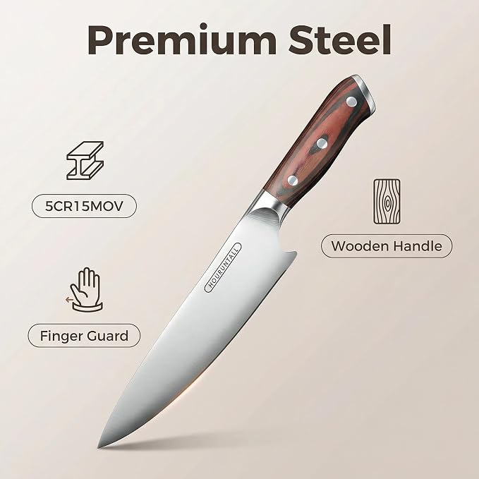 8 Inch stainless steel chef's knife with Innovative Safety Notch | Forged 5CR15MOV High Carbon Stainless Steel,Ultra Sharp Vegetable &Meat Cleaver with Ergonomic Wood Handle for Pro Chefs