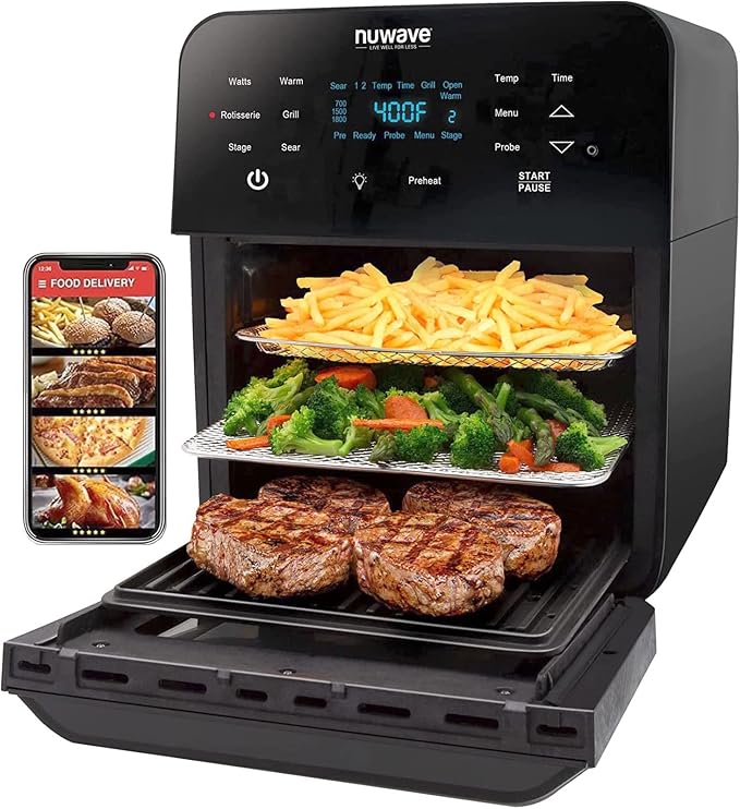 Nuwave Brio Air Fryer Oven, 15.5Qt X-Large Family Size, Powerful 1800W | SS Rotisserie Basket & Skewer-Kit, Reversible Ultra Non-Stick Grill/Griddle Plate, Integrated Smart Thermometer, Black