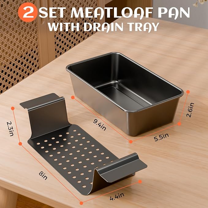 TLAZZ 2 Pack Meatloaf Pan with Drain Tray for Pound Cake Bacon Meatloaf | 9.4 x 5.5 Inch Non Stick Meat Loaf Pan features wide handles with a removable perforated drain tray for any kitchen