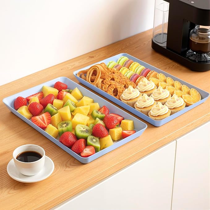 WOWBOX 4 pcs Serving Tray for Entertaining, Serving Platters for Snacks, Fruit, Cookies, Dessert, Reusable Plastic Trays for Serving Food and Pantry Organization in Kitchen & for Parties, (Blue)