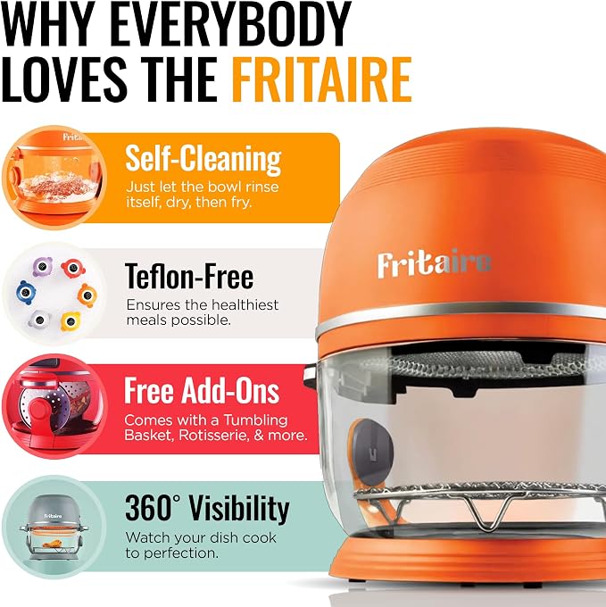 Non Toxic Air Fryer™ Pro | 9-in-1 Glass Air Fryer | Self-Cleaning | 5 Quart | Rotisserie and Tumbler | 400F Vortex For Even Cooking, BPA-Free Teflon Free, Recrisp, Roast, Bake, Orange