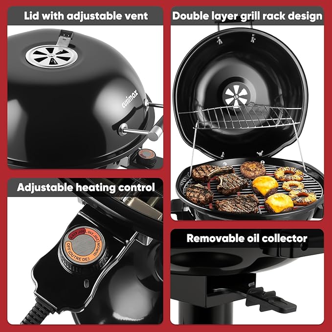 Electric Grill, CUSIMAX Electric Indoor/Outdoor Grill, 1600W Portable BBQ | with Lid for Indoor & Outdoor Use, Adjustable Heat, Removable Stand Grill for Cookouts, BBQ Gatherings, Small Spaces