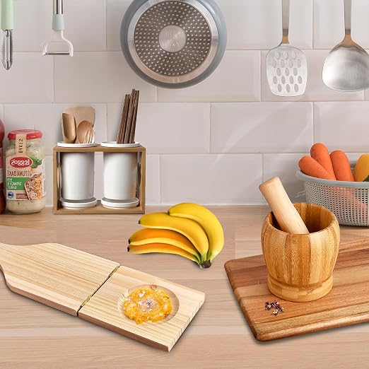 Supkiir 2 Kitchen Tools Including Mortar and Pestle Set and Wood Tostonera Plantain Press, Natural Plantain Smasher for Fried Banana Pepper Spices Garlic Press Grinder Chopper Crusher
