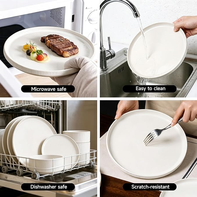 Stoneware Dinnerware Sets for 4, 12Pcs Plates and Bowls Set, Cream White | Handmade Reactive Glaze Ceramic Dishes, Microwave and Dishwasher Safe, Modern Minimalist Ribbed Tableware for Everyday Use