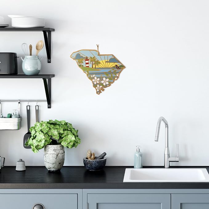 Totally Bamboo South Carolina State Shaped Cutting Board, Summer Stokes Art | State charcuterie board with colorful hand-drawn landscape art. Smooth reverse side for food prep. Hang tie for wall display.