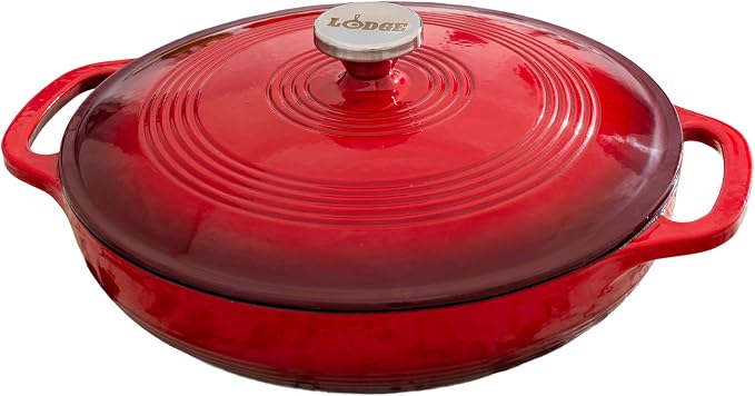 Lodge Essential Enamel Braiser 3.5 Quart - Refrigerator- & Oven-Safe up to 500° F - Heat-Retaining, Induction-Safe & PFAS-Free Enamel Cookware - Island Spice Red