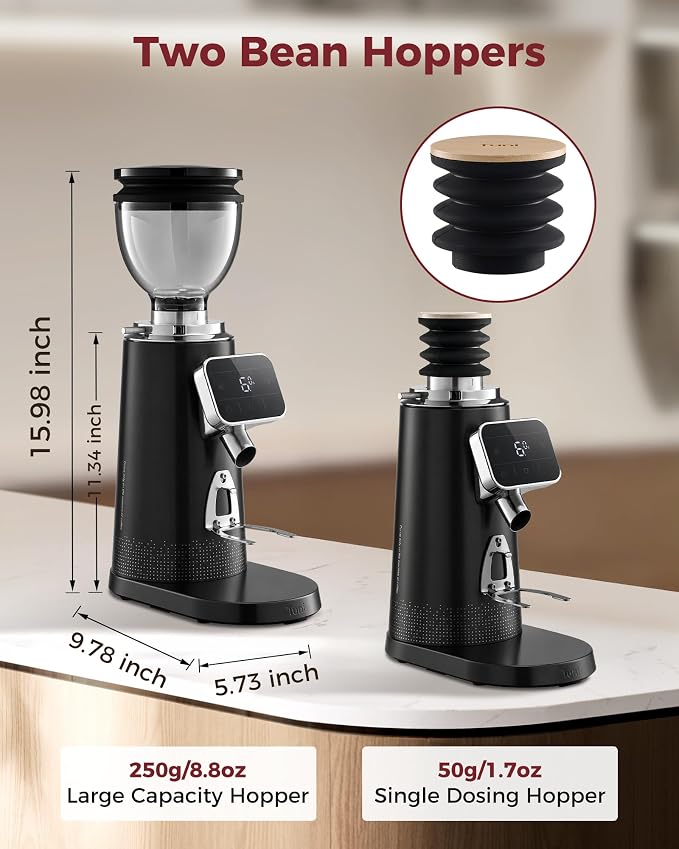Tuni G3 64mm Flat Burr Coffee Grinder with 100 Grind Settings, Black | Electric Espresso Grinder with Single Dose, Commercial Grade, Anti-Static Tech, Touchscreen Display, Stainless Steel
