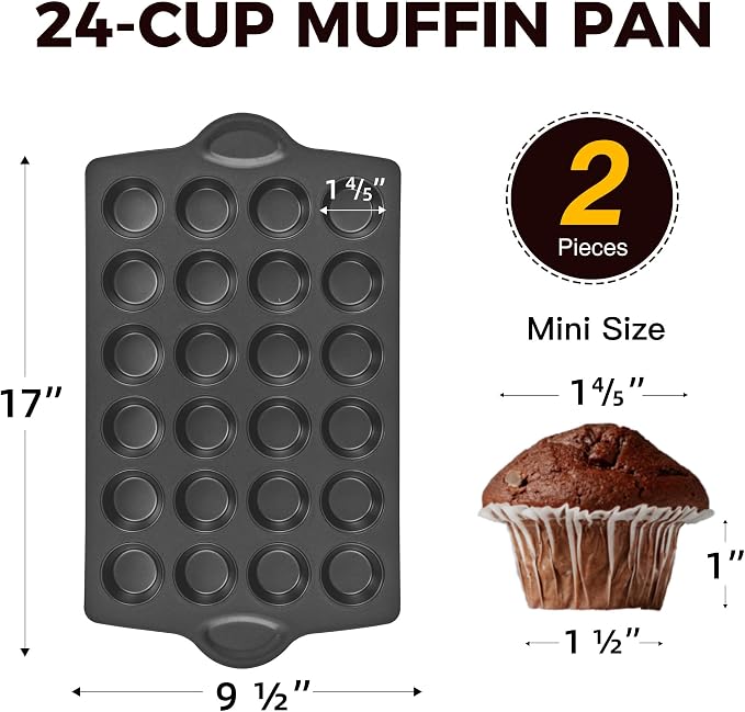 Mini 24 Muffin & Cupcake Pans with 240 Liners, Nonstick, Non-toxic | Heavy-duty Small Cheesecake Tray with Ear Shaped Wider Grips, 1.8dia, Grey, Premium