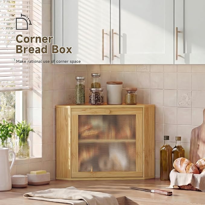 Bread Box for Kitchen Corner Countertop,Large Bread Basket (Natural,Large) | Double Layer Bamboo Bread Storage Container for Kitchen Countertop,Height Adjustable