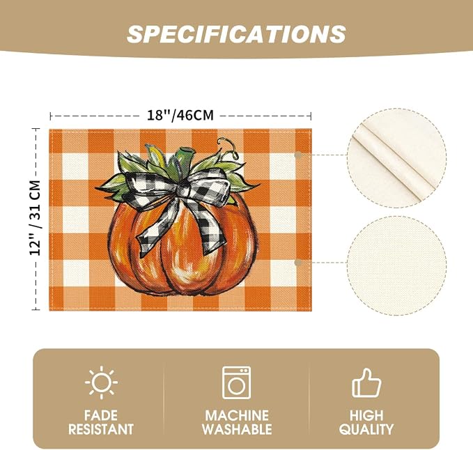 Artoid Mode Buffalo Orange Plaid Pumpkin Fall Placemats Set of 4, 12x18 Inch Seasonal Autumn Table Mats for Party Kitchen Dining Decoration | Heat-Resistant Table Mats, Washable Seasonal Autumn Buffalo Plaid Kitchen Dining Decor