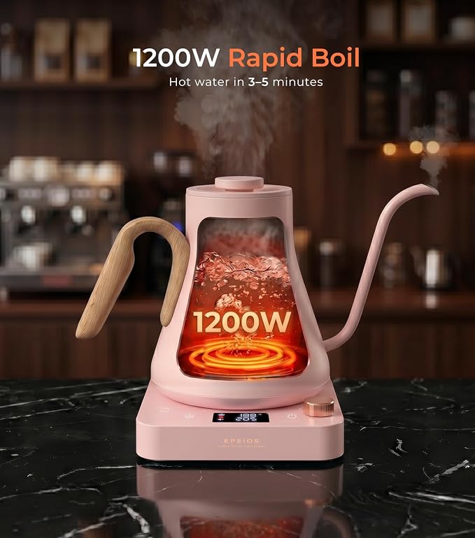 Epeios Gooseneck Electric Kettle with Temperature Control,1200W,0.9L,Pink | Rapid Heating, Precision Pour-Over for Coffee & Tea,Smart Hot water Boiler, 304 Stainless Steel Interior, Auto Shut-Off