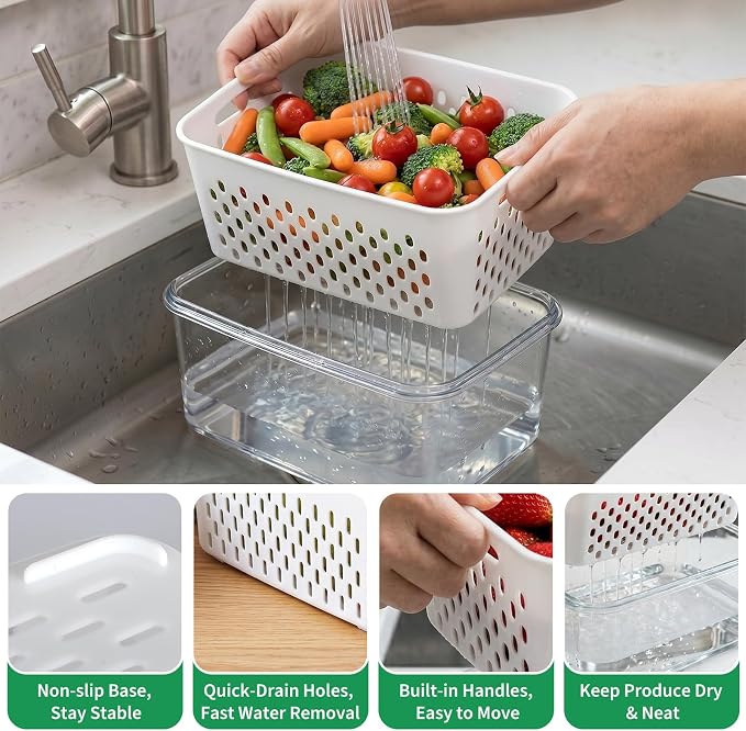 Vegetable Containers for Fridge, Stay Fresh Fruit Vegetable Storage Containers with Lid and Removable Colander, Stackable Vegetable Storage for Berry Salad Lettuce Vegetables Meat Various Food, 3PCS