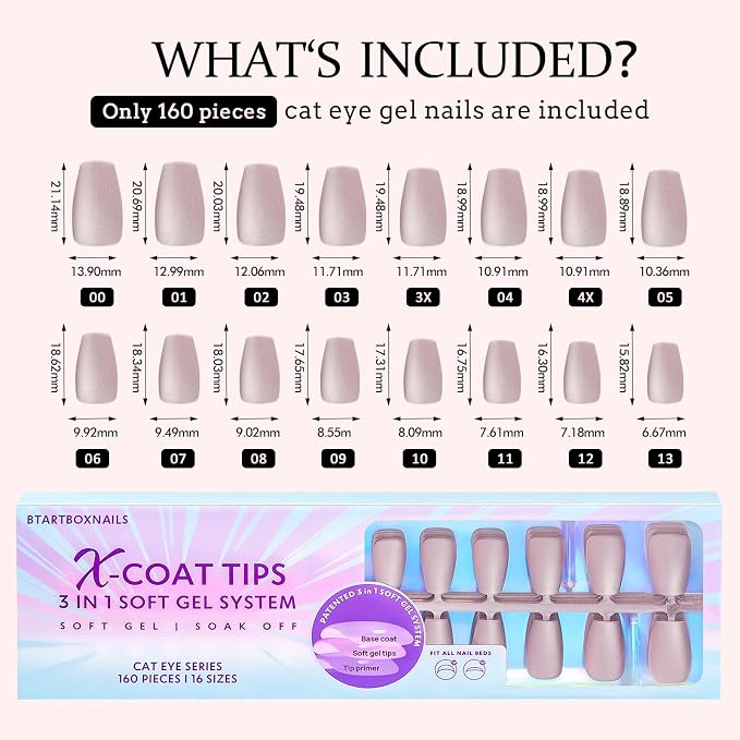 BTArtboxnails XCOATTIPS Cat Eye Press On Nails, Short Coffin, Falling Star | Lamp-Curable 4-Week Wear, Salon Quality Value at Home, Natural Nail Look, Easy-to-Apply for Beginners, 1606ct Nail Tips Only