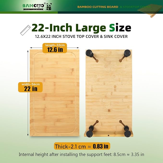 BAMOTTO CRAFTBAMBOO 12.6 x 22 Inch Bamboo Cutting Board — Stovetop Cover, Over the Sink Board with Detachable Legs & Non-Slip Lip, Juice Groove, Kitchen Countertop Extender for Small Kitchen, RV