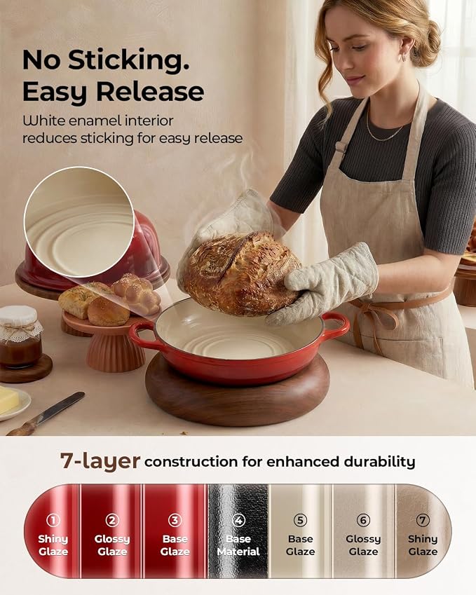 5QT Enameled Cast Iron Sourdough Bread Oven & Starter Kit, Red | Tight-fitting Dome Lid Helps Retain Steam, Baking Kit Supports Proofing, Scoring & Dough Transfer, Complete Artisan Bread Set