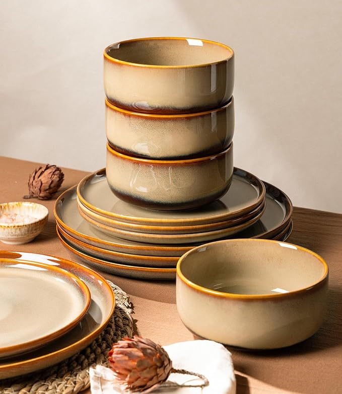 Ceramic Dinnerware Set for 4, 12-Piece Plates and Bowls Set | Handmade Reactive Glaze Dish Set, Scratch Resistant, Oven & Microwave & Dishwasher Safe, Creamy Amber