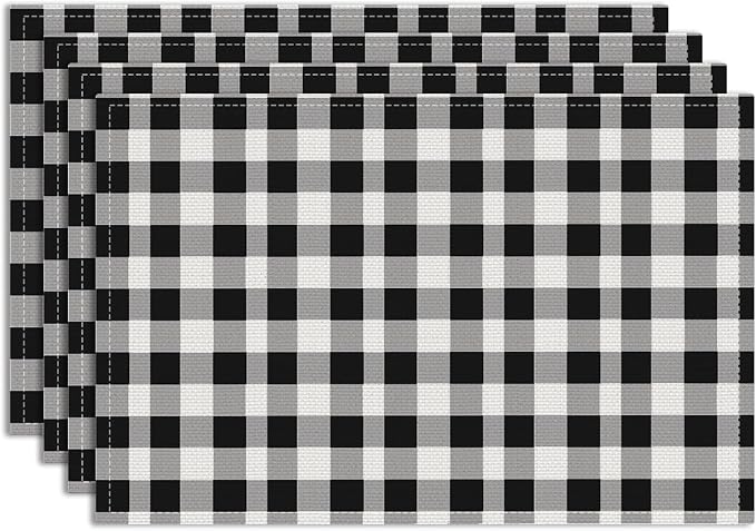 Black and White Placemats Set of 4, Buffalo Plaid Linen Placemats | Washable Heat Resistant Wipeable Table Mats for Outdoor Home Party Kitchen Dining Table, Black and White Linen Place mats