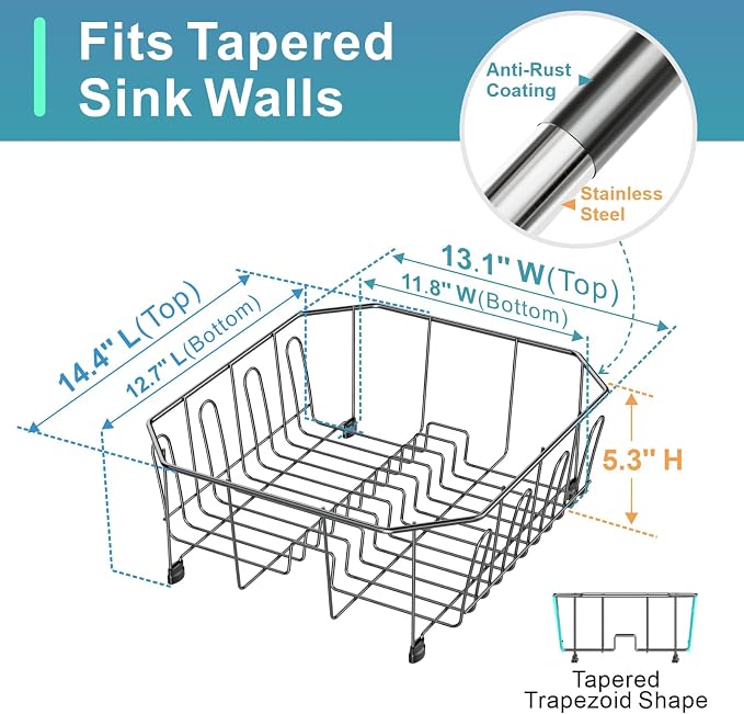 Small in Sink Dish Drying Rack - Stainless Steel for RV Kitchen | Compact Design, Rust-Resistant, Angled Corners Fit Square & Round Sinks, Removable Utensil Holder, Cup Hooks, 13.1"W x 14.4"L