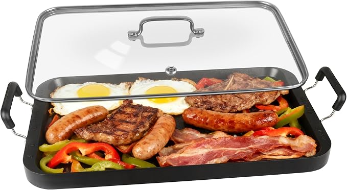 2-Burner Griddle Pan with Glass Lid - Nonstick Stovetop Griddle for Gas & Glass Cooktops - Aluminum Camping Grill Pan for Breakfast (Pancakes/Eggs/Bacon) (22"L x 12"W x 1.77"Th)