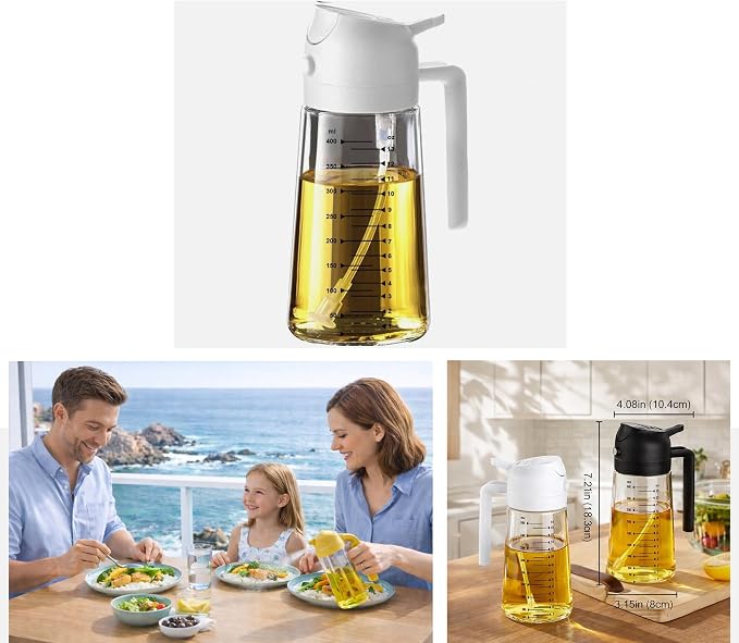 16oz/470ml Glass Olive Oil Sprayer for Cooking, 2 in 1 Oil Dispenser for Kitchen Gadgets, Food Grade Premium Spray Bottle with Portion Control for Salad, Frying, BBQ