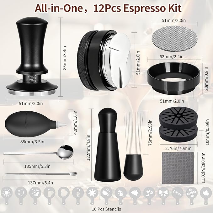 12PCS Espresso Accessories Kit: 51mm Espresso Tamper, Coffee Distributor, Puck Screen, Dosing Funnel,WDT Tool, Silicone Air Blower,Mats,Latte Art Kit, Espresso Tools Set Fits Delonghi Portafilters