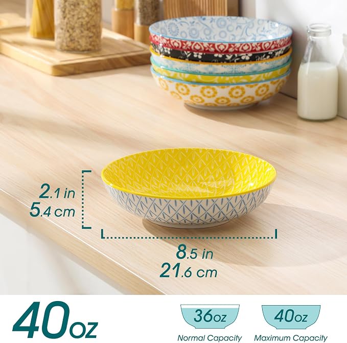 vancasso 8.5" Pasta Bowls Set of 6, 40 oz Porcelain Shallow Salad Bowls, Serving Bowls Large Kitchen Bowl Plates Pasta Dishes Plates, Colorful Floral Design, Microwave Safe, Series SELENE