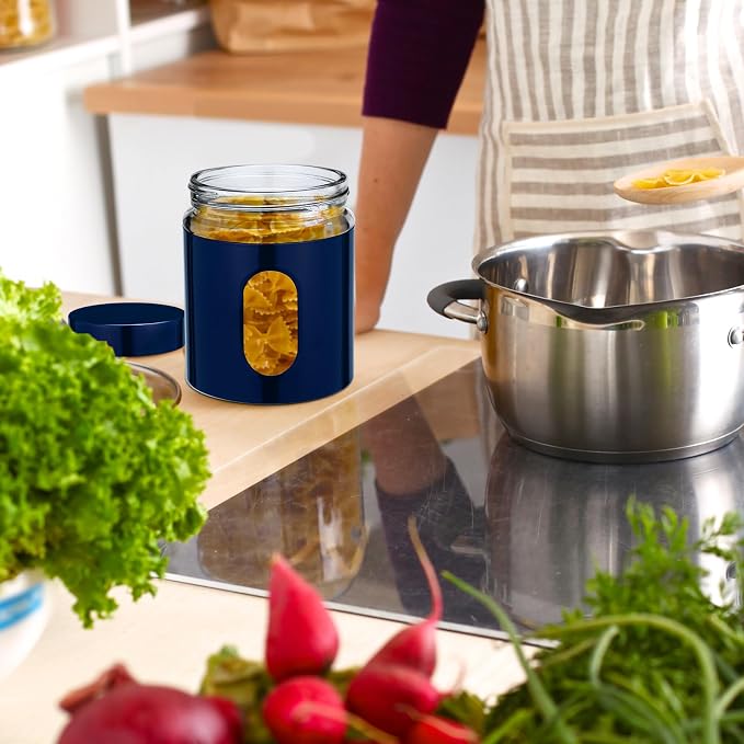 6 Pack Kitchen Canisters Set Airtight Coffee Sugar Tea Storage Jars with Window Glass Stainless Steel Containers with Lids for Flour Cookies Spices Grains Kitchen Decorations(Navy Blue,20 oz)