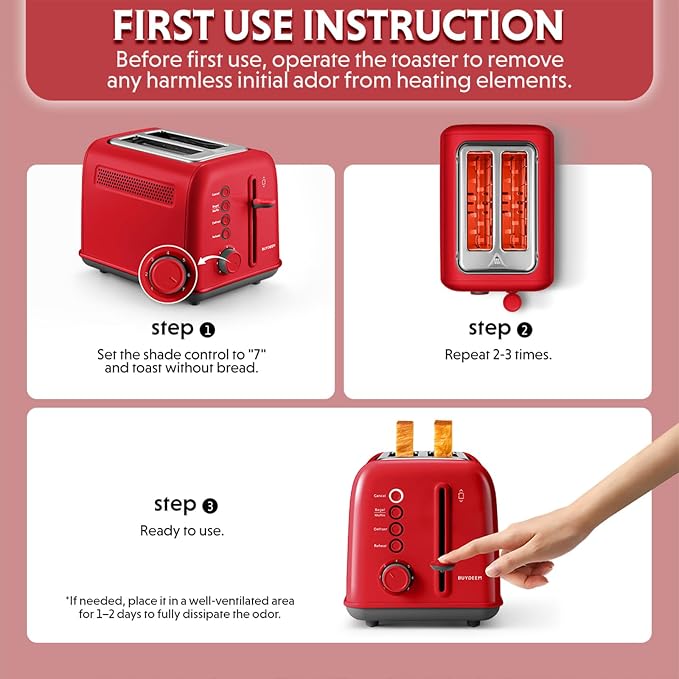 BUYDEEM DT620 2-Slice Toaster, 7 Shade Settings, Extra Wide 1.5'' Slots for Bagel & English Muffin, 6 Toasting Functions, Retro Stainless Steel Toaster with High Lift Lever, Red