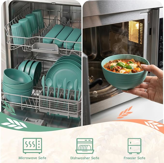 Wheat Straw Plates and Bowls Sets 28 PCS,Chip Resistant Dinnerware Sets for 4,Microwave Safe Dish Sets, Stackable and Lightweight Cup Set, Cutlery Set for Kitchen,Outdoor,Camping(Green)