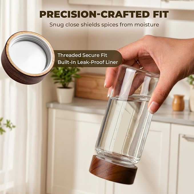 4 Pack 13 oz Glass Spice Jars with Airtight Wood Lids - 15cm Tall Small Storage Food Containers with Labels for Pantry Organization, Herb, Seasoning, Sugar, Coffee Bean, Tea