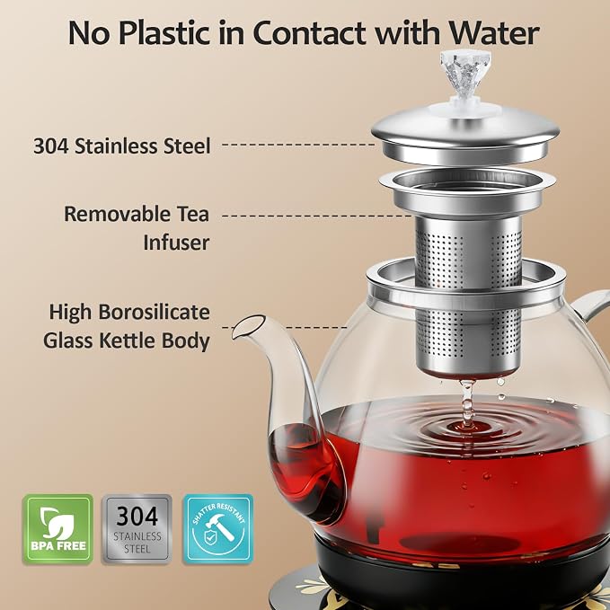 HHT Electric Tea Maker with Infuser, ±1℉ Precise Temperature Control, Glass Electric Kettle for Herbal,Flowers,Fruit Tea and Loose Leaf,BPA-Free,Auto Shut-Off,Brewing Program,Keep Warm,0.8L