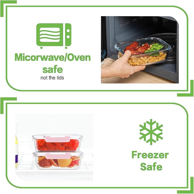8-Pack 36oz Large Glass Meal Prep Containers with Leakproof Snap-Lock Lids | Borosilicate Glass Food Storage Containers and Bento Boxes , BPA-Free, Oven, Freezer and Dishwasher Safe-Pink