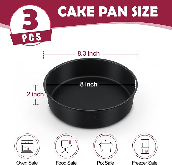 E-far 8 Inch Cake Pan, 3PCS Nonstick Stainless Steel Baking Cake Pans Tins | Round Smash Bakeware Baking for Birthday Layer Cake/Cheesecake, Straight Side, Non-Toxic & Healthy, Leakproof & Easy Clean