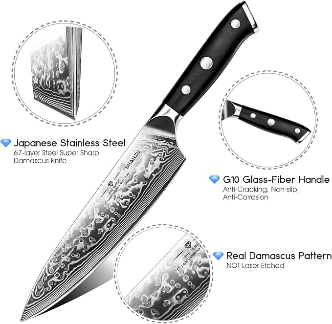 SHAN ZU Damascus Knife Set, Japanese Super Steel 3 PCS Damascus High Carbon Professional Ultra-Sharp Kitchen Chef Knife Set with G10 Handle Gift Box | Damascus High Carbon Professional Ultra-Sharp Kitchen Chef Knife Set with G10 Handle Gift Box