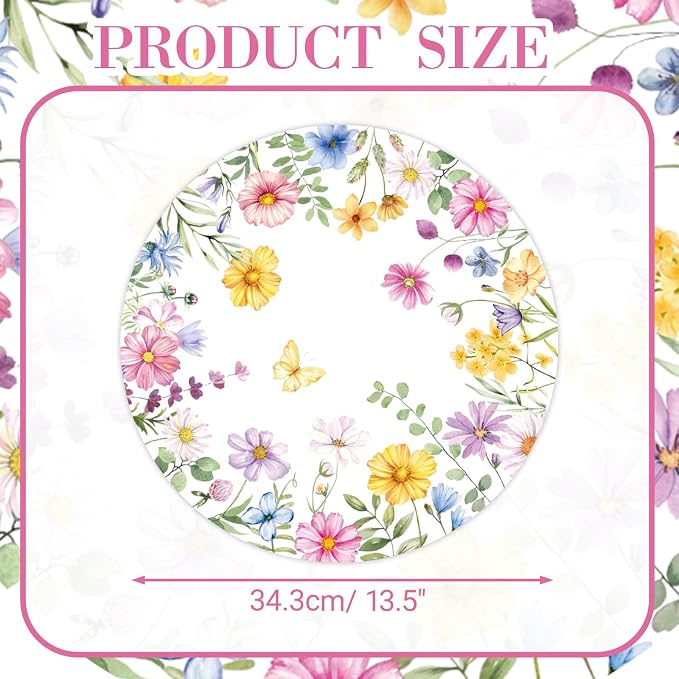 Watercolor Wildflower Wreath Paper Placemats - 50PCS Disposable Round Table Mats for Summer Brunch Birthday Wedding Anniversary Bride Party Supplies